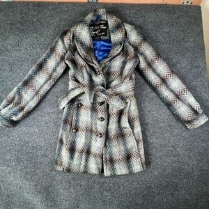 Me Jane Pea Coat Women Medium Blue Gray Geometric Lined Belted Waist Shawl Lapel